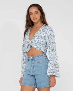 Camisa Corta Con Estampado Floral Y Lazo En La Parte Delantera De Balnear><noscript><img width=