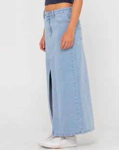 Falda Larga De Mezclilla Celeste De Talle Bajo><noscript><img width=