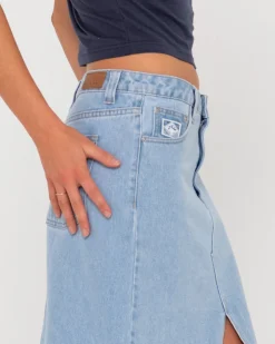 Falda Larga De Mezclilla Celeste De Talle Bajo><noscript><img width=
