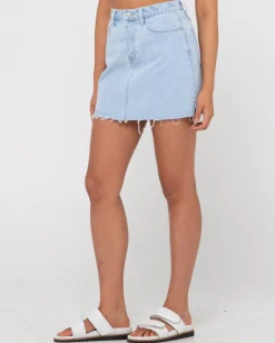 Falda Vaquera Deshilachada De Talle Alto Celeste><noscript><img width=