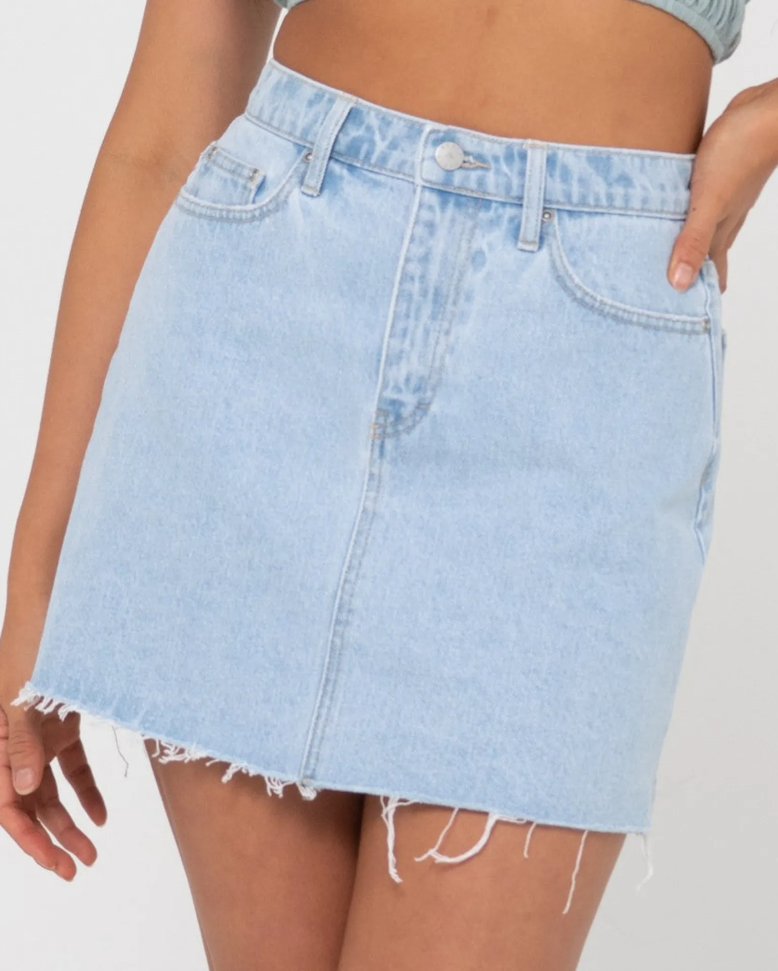 Falda Vaquera Deshilachada De Talle Alto Celeste>Rusty Cheap