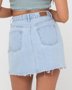 Falda Vaquera Deshilachada De Talle Alto Celeste><noscript><img width=