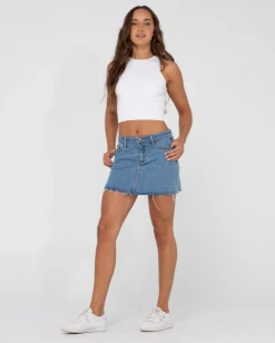Minifalda Vaquera Celeste De Talle Bajo><noscript><img width=