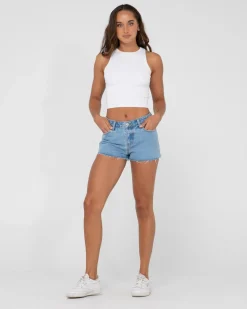 Pantalon Corto De Mezclilla Deshilachado De Talle Bajo Malta><noscript><img width=