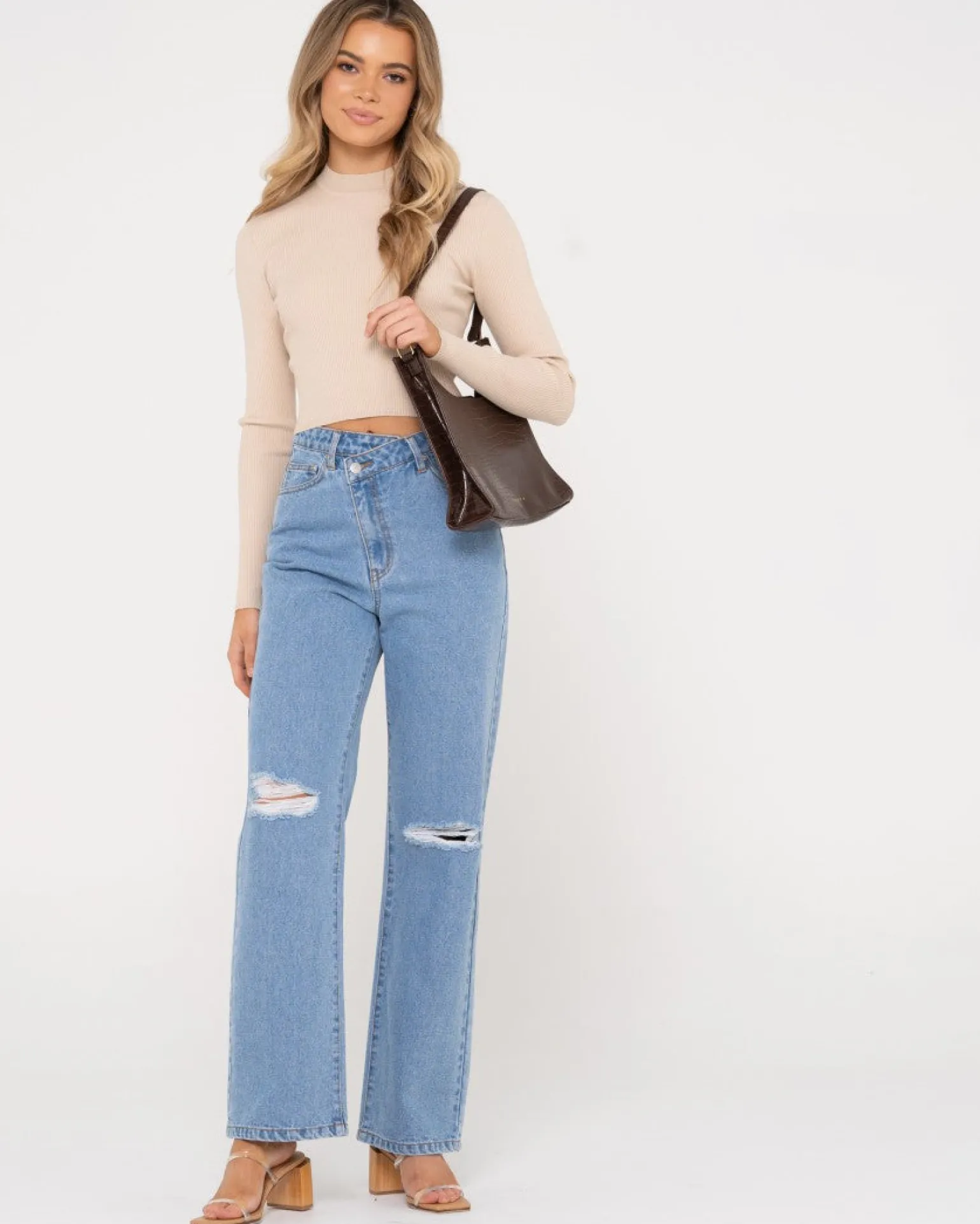 Top De Punto De Manga Larga Con Cuello Simulado Charis>Rusty Cheap
