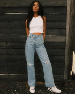 Jean Recto Desgastado De Talle Alto Chloe>Rusty Cheap